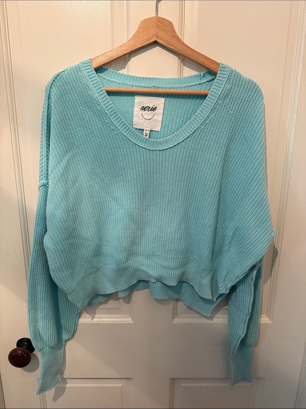 aerie Cropped Scoop Neck Knit Sweater - Aqua Blue